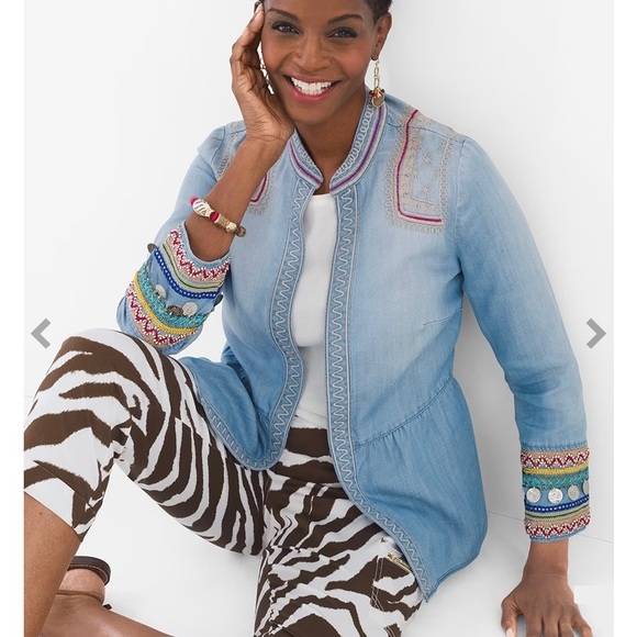 Chicos Sz 1 Medium Coin Embroidered Denim Chambray Jacket Boho - Picture 8 of 8